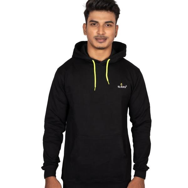 Men’s Solid Black Casual Hoodie with Neon Contrast Drawstring