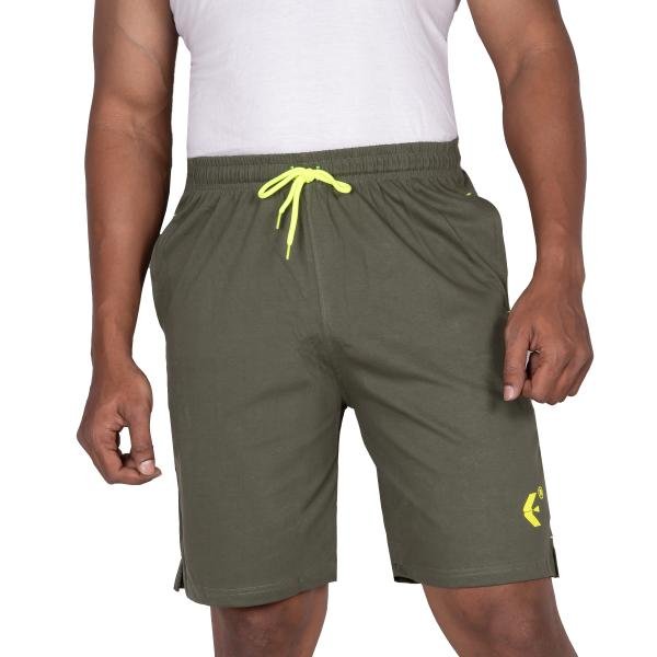 Men’s Olive Green Athletic Shorts with Neon Drawstring – Performance Regular Fit